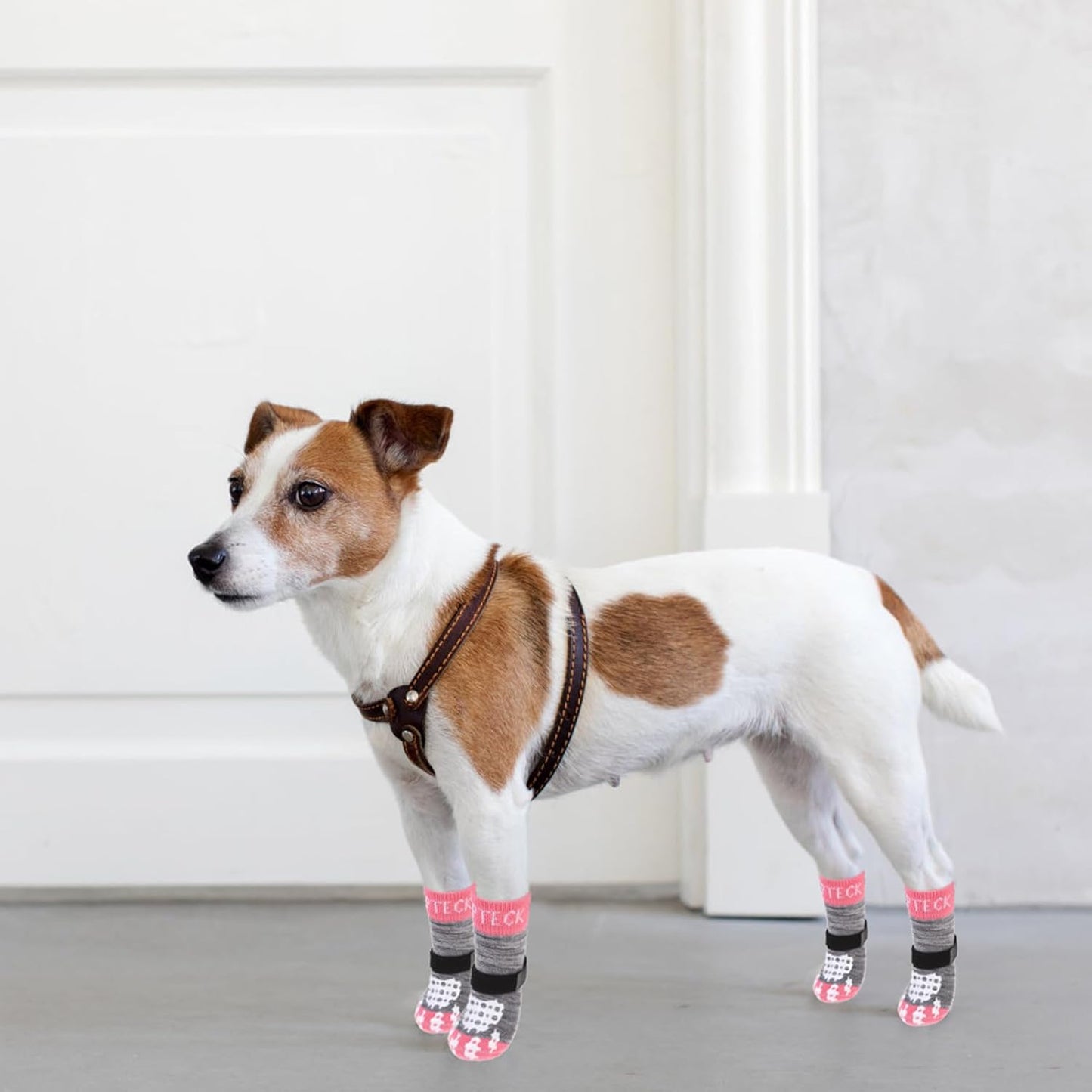 PUPTECK Anti-Slip Dog Socks with Double Sides Grips for Small Medium Large Dogs Hardwood Floors Prevents Licking, Dog Shoes for Hot Pavement Traction Control Paw Protector for Senior Dogs, Grey L