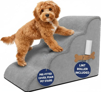 PAWZY Dog Stairs for Medium-Height Beds & Couches, 3-Step Foam Pet Steps 15.5” High for Small Dogs & Cats up to 60 lbs, Wide Non-Slip, Waterproof Washable Zipper Cover, No Assembly, Grey