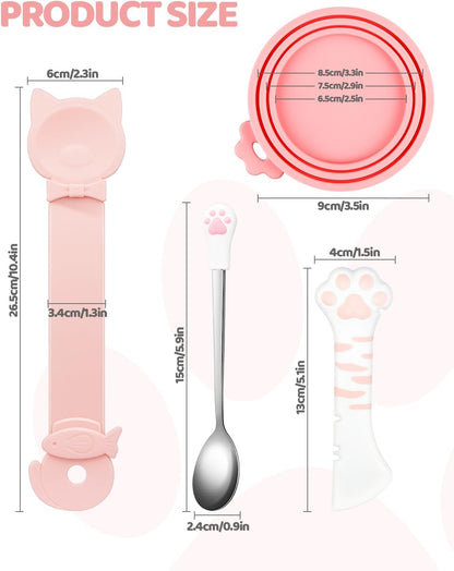 5 PCS Cat Food Can Covers Lids Set, Silicone Pet Food Can Lids with Multi-Function Cat Food Spoon and Opener, Cat Bar Squeezer, Stainless Steel Wet Food Spoon for Cats and Dogs (Pink) (Pink)