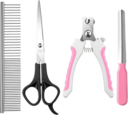 4 PCS Cat Dog Nail Clippers Trimmers Set, Professional Cats Dogs Pet Claw Clipper Sharpener and Hair Grooming Scissors Comb Tools for Small, Medium and Large Breeds, Cats, Rabbits, Guinea Pigs