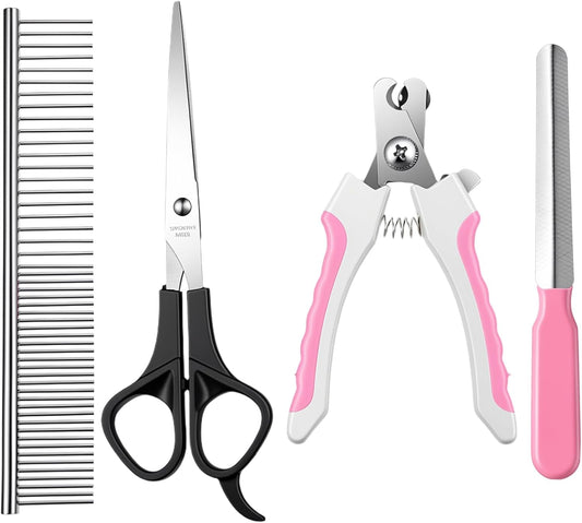 4 PCS Cat Dog Nail Clippers Trimmers Set, Professional Cats Dogs Pet Claw Clipper Sharpener and Hair Grooming Scissors Comb Tools for Small, Medium and Large Breeds, Cats, Rabbits, Guinea Pigs