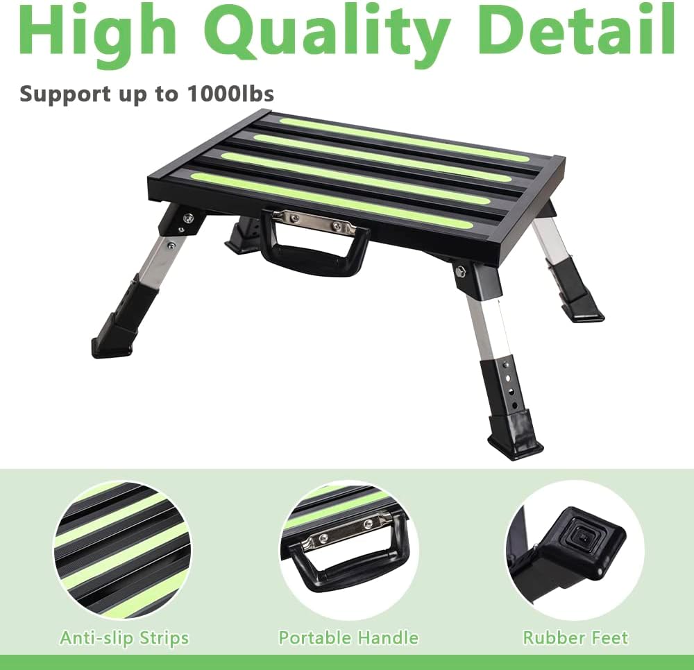 Aluminum RV Steps, 4-Level Adjustable Folding Step Stool with Non-Slip Rubber Feet, Non-Slip Fluorescent Strip Platform Rv Accessories, Supports Up to 1000 lbs - Black