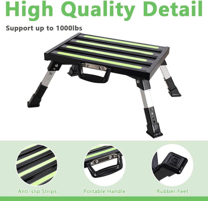 Aluminum RV Steps, 4-Level Adjustable Folding Step Stool with Non-Slip Rubber Feet, Non-Slip Fluorescent Strip Platform Rv Accessories, Supports Up to 1000 lbs - Black