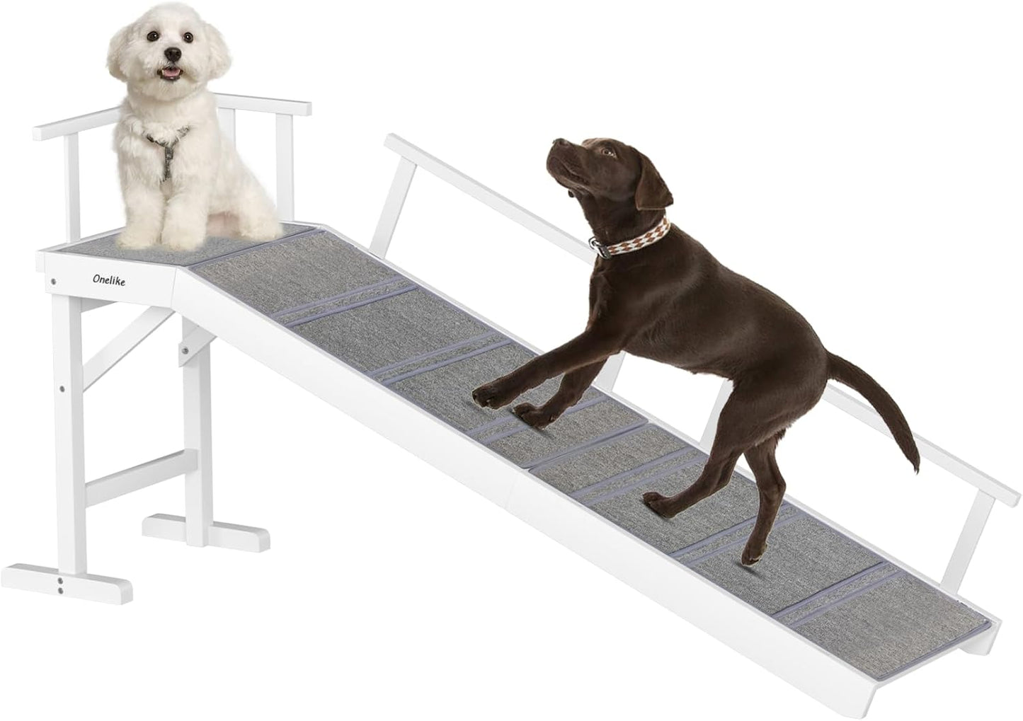 Onelike Wooden Dog Ramp for Bed with Removable Side Rail and Non-Slip Carpet, Stable Pet Ramp Stair for Couch Sofa for Small & Large & Senior Dogs, 74" Long Ramp Brown