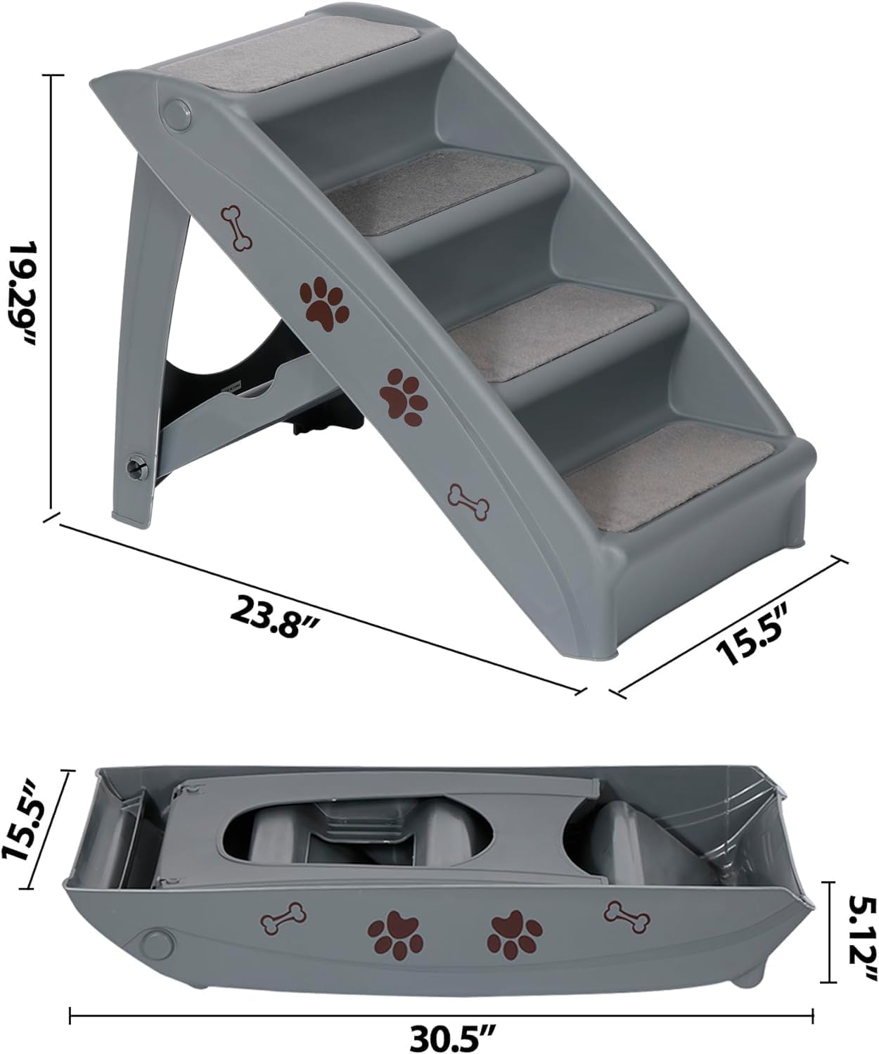 Foldable Pet Stairs with Non-Slip Surface, Portable Dog Steps Ramp for High Beds, Couches, Cars and SUVs, Support Up to 150lbs, Waterproof, Grey