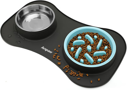 Anipaw Slow Feeder Dog Bowls 3 in 1 Stainless Steel Food and Water Bowls with Non-Spill and Skid Silicone Mat to Slow Down Eating for Large Medium Small Breed Size Dogs and Cats