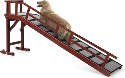 Dog Ramp for Bed or Couch, Wooden Pet Ramp with 20° Gentle Slope, Removable Side Rails, Non-Slip Surface, Top Platform & Wheels, Safe Bed Ramp for Small, Large & Senior Dogs, 60" Long, Mahogany