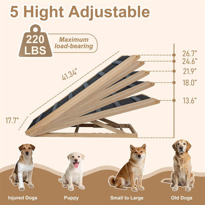 Dog Ramp for Bed, 43.5" Long Wooden Foldable Dog Ramp, 6 Adjustable Heights from 14" to 26" with Anti-Slip Traction Mat, Portable Pet Ramp for Car, Bed, Couch, Max 200lbs - 43.5inch