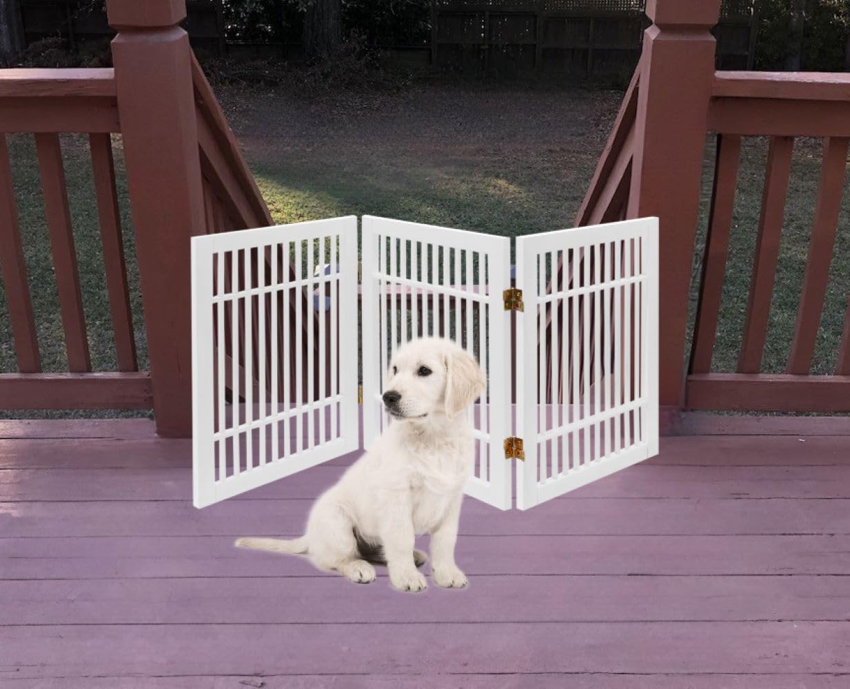 Urnporium Freestanding Wooden Dog Gate for Doorways – Foldable Acacia Wood Pet Gate, No Drill Portable Indoor/Outdoor Puppy Fence Barrier (White Pet Gate, 3 Panel 24" Tall)