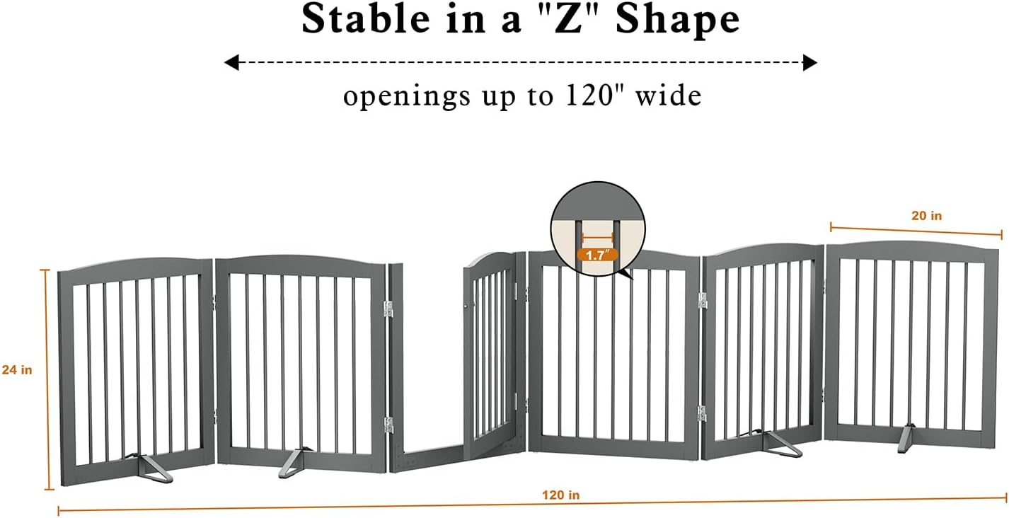 PUPETPO Freestanding Dog Gate with Door, Pet Gate for Stairs, 80 inch Wide Pet Barrier Indoor, Dog Fences Indoor, Support Feet Included, 4 Panels, 24" Tall, Dark Brown