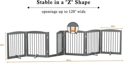 PUPETPO Freestanding Dog Gate with Door, Pet Gate for Stairs, 80 inch Wide Pet Barrier Indoor, Dog Fences Indoor, Support Feet Included, 4 Panels, 24" Tall, Dark Brown