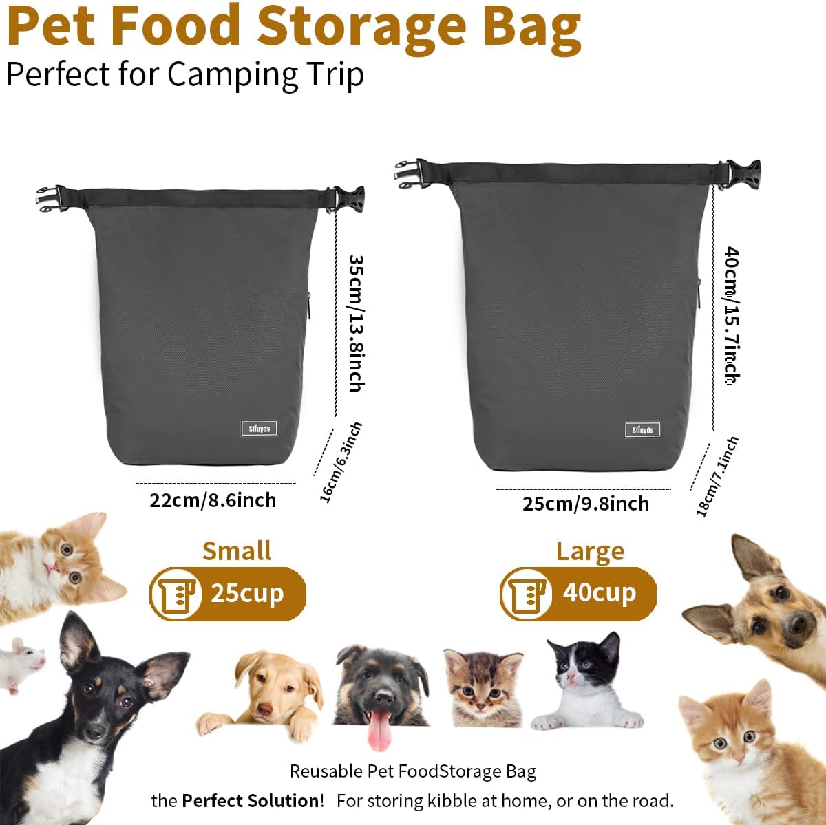 Travel Dog Food Container Pet Food Storage Bag Containers 2PCS Collapsible Travel Dog Bowls Waterproof Camping Storage Essentials Kibble Carrier 20L Easy to Clean (Black, Large)