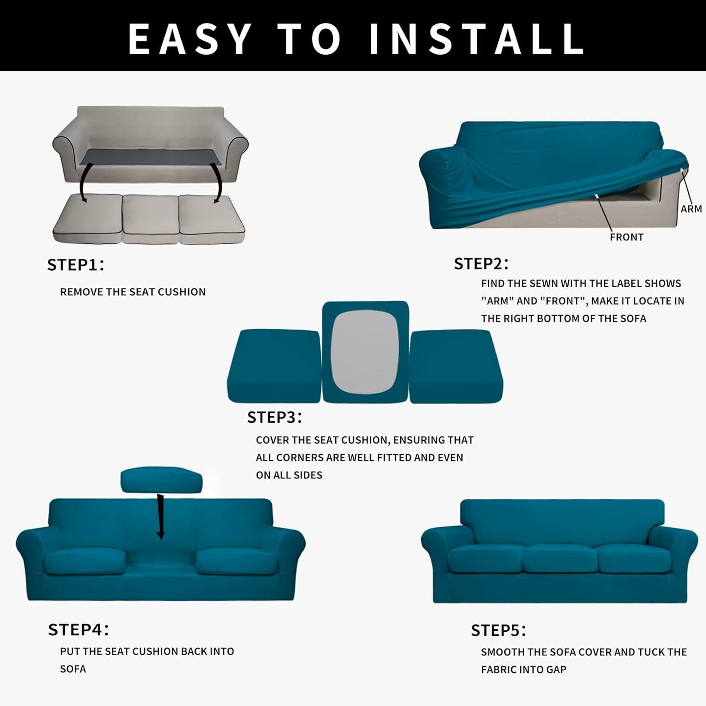 Easy-Going 100% Dual Waterproof 4 Pieces Stretch Soft Couch Cover for Dogs, Sofa Slipcover for 3 Separate Cushion Couch Leakproof Furniture Protector for Kids, Pets Dark Gray