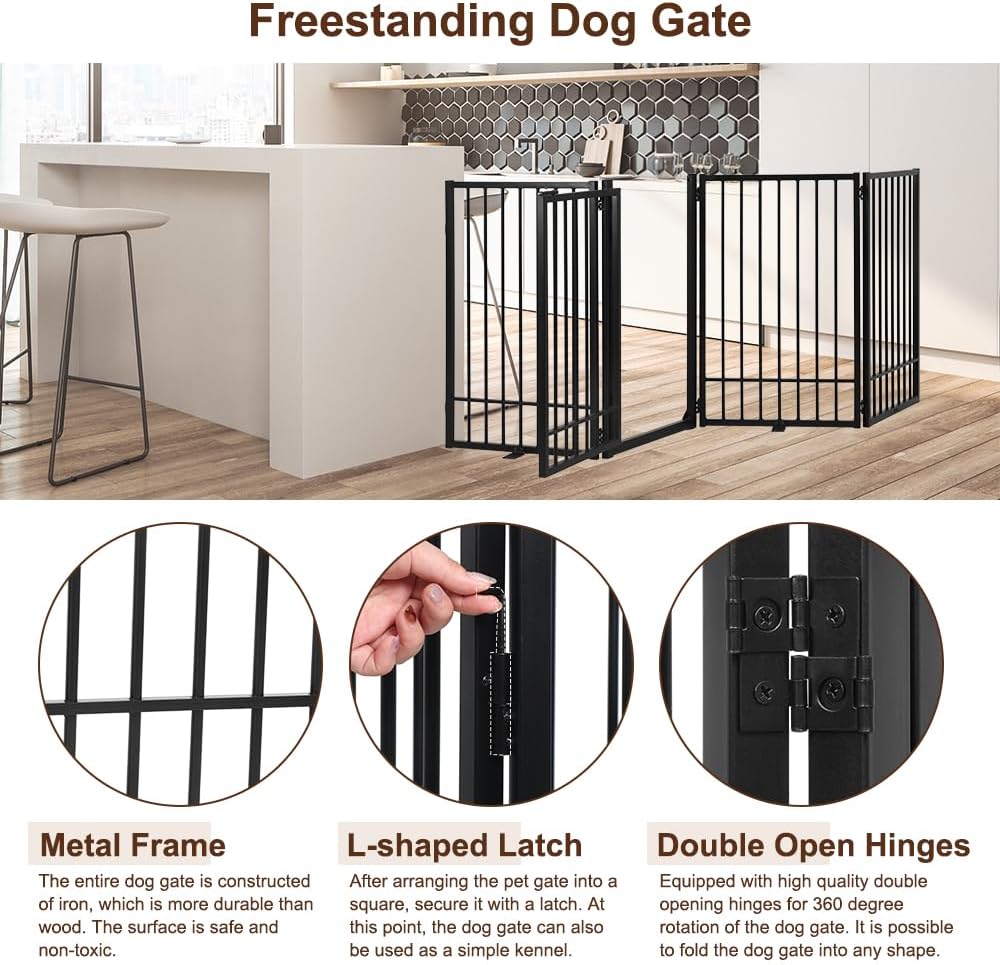 Metal Freestanding Dog Gate with Door, Extra Wide 81", 31" Height Foldable Dog Gates for Doorways, Tall Pet Fence Indoor Pet Gates, 4 Panels Pet Barrier for Stairs Hallways, Black