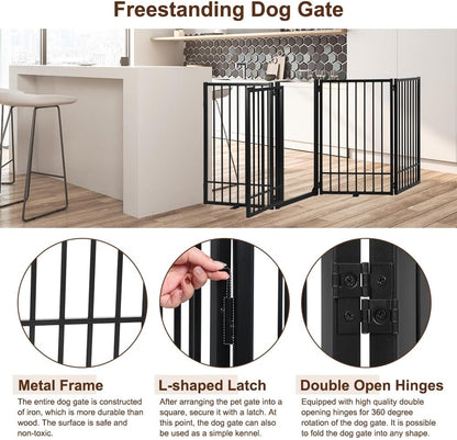 Metal Freestanding Dog Gate with Door, Extra Wide 81", 31" Height Foldable Dog Gates for Doorways, Tall Pet Fence Indoor Pet Gates, 4 Panels Pet Barrier for Stairs Hallways, Black