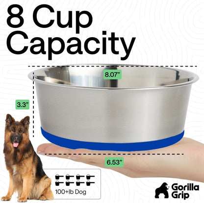 GORILLA GRIP Dog Bowls, Food Grade 304 Stainless Steel, Holds 2 Cups Each (16 fl oz) Food and Water Bowl for Feeding Dogs and Cats, Dishwasher Safe, Rust Resistant, BPA Free Rubber Base Set of 2 Black