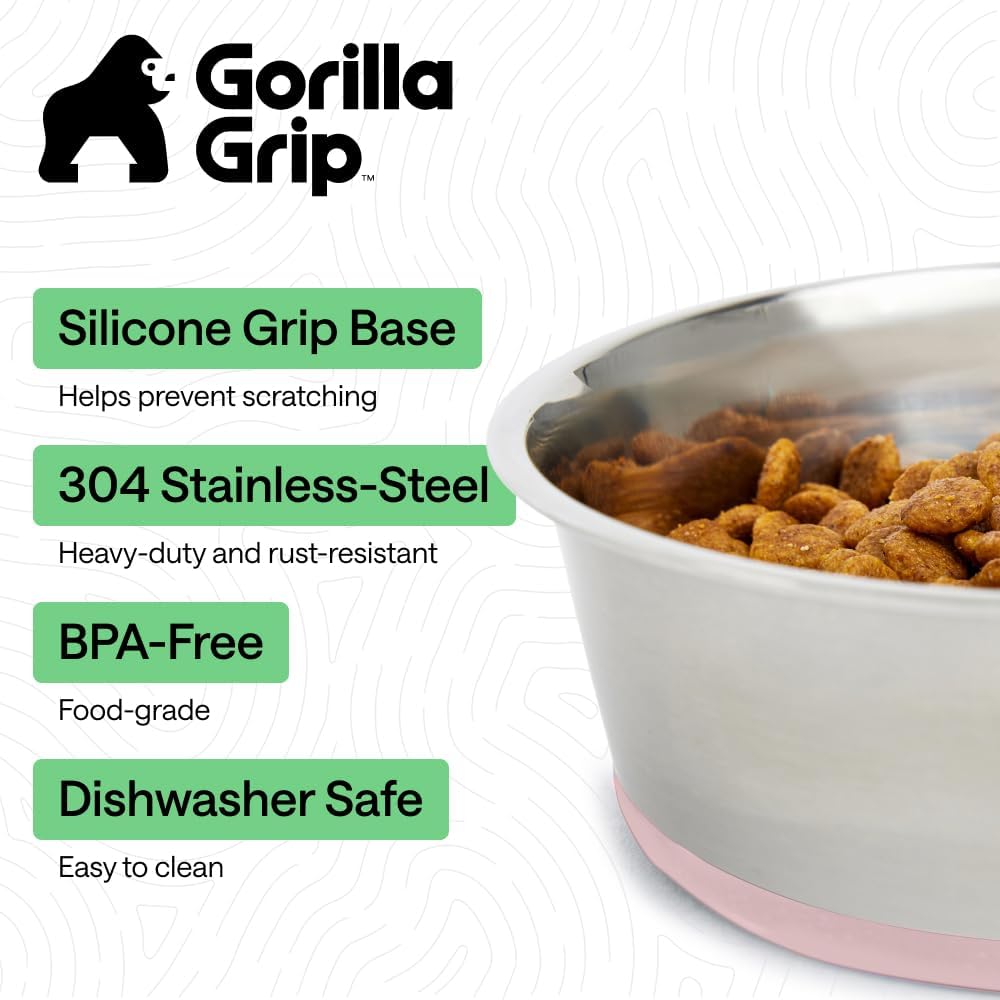 GORILLA GRIP Dog Bowls, Food Grade 304 Stainless Steel, Holds 2 Cups Each (16 fl oz) Food and Water Bowl for Feeding Dogs and Cats, Dishwasher Safe, Rust Resistant, BPA Free Rubber Base Set of 2 Black