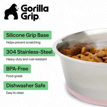 GORILLA GRIP Dog Bowls, Food Grade 304 Stainless Steel, Holds 2 Cups Each (16 fl oz) Food and Water Bowl for Feeding Dogs and Cats, Dishwasher Safe, Rust Resistant, BPA Free Rubber Base Set of 2 Black