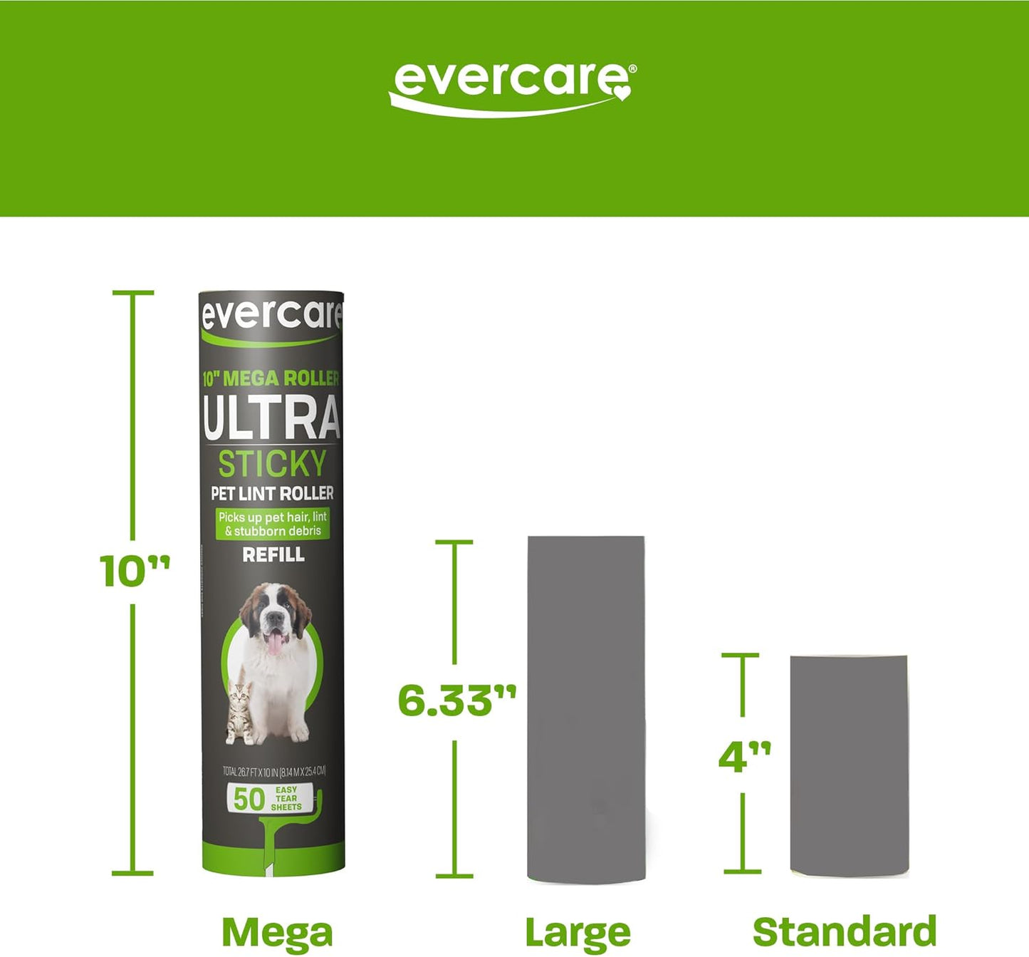 Evercare 10-Inch Mega All-Purpose Pet Hair Lint Roller Refill, 50 Sheets – Sticky Roller for Pet Hair, Cat & Dog Hair Remover, Lint Remover, Pet Hair Remover for Furniture, Clothing & Cars