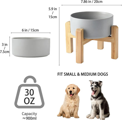 6'' Ceramic Raised Dog Bowl - 30Oz Dog Food & Water Bowl with Elevated Non-Slip Bamboo Stand, Dishwasher & Microwave Safe, Anti Vomiting Heavy Duty Pet Bowl for Small and Medium Dogs, White