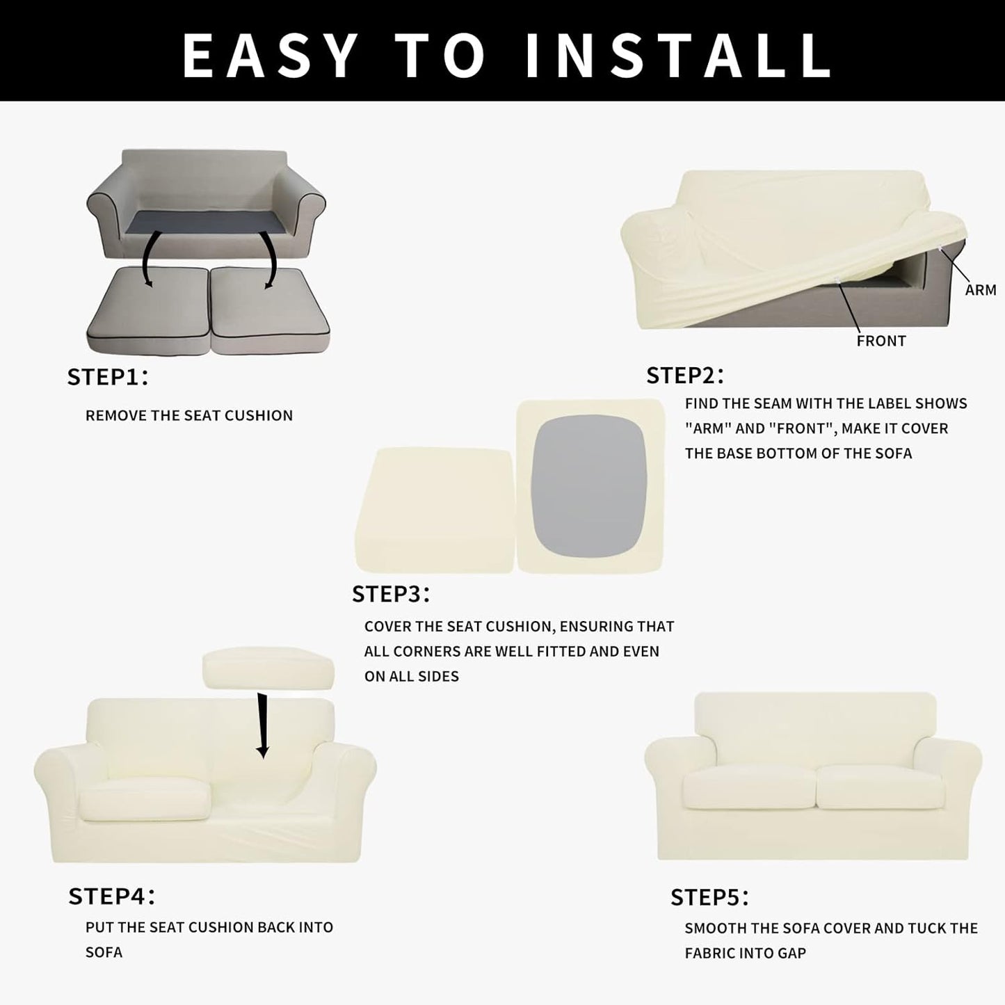 Easy-Going 100% Dual Waterproof 4 Pieces Stretch Soft Couch Cover for Dogs, Sofa Slipcover for 3 Separate Cushion Couch Leakproof Furniture Protector for Kids, Pets Dark Gray