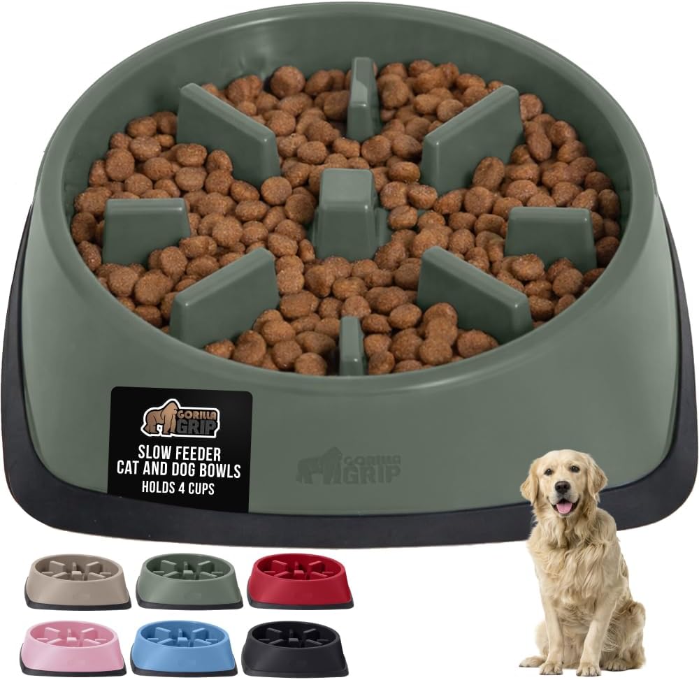GORILLA GRIP® Patented BPA Free Slow Feeder Dog Bowls, Interactive Puzzle Toy for Dogs and Cats Food Training Enrichment, Keeps Pets Busy and Prevents Puppy Overeating, Small Breeds, 1 Cup, Gray