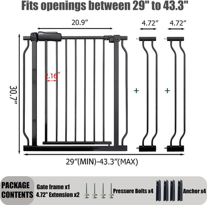 24-29 Inch Narrow Baby Gate, Pressure Mounted No Drilling Dog Gate for Stairs & Doorways, White Metal Safety Gate Indoor for Kids and Pets