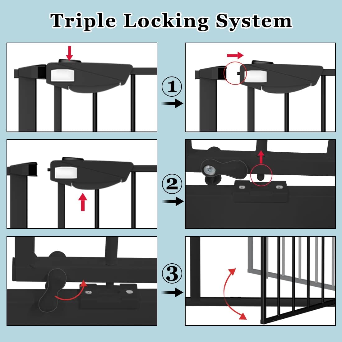 WAOWAO Triple Lock 49.21-66.54" Baby Gate Extra Wide Pressure Mounted Walk Through Swing Auto Close Safety Black Metal Dog Pet Puppy for Stairs,Doorways,Kitchen