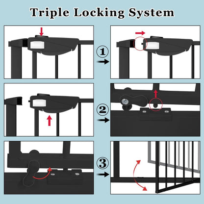 WAOWAO Triple Lock 49.21-66.54" Baby Gate Extra Wide Pressure Mounted Walk Through Swing Auto Close Safety Black Metal Dog Pet Puppy for Stairs,Doorways,Kitchen