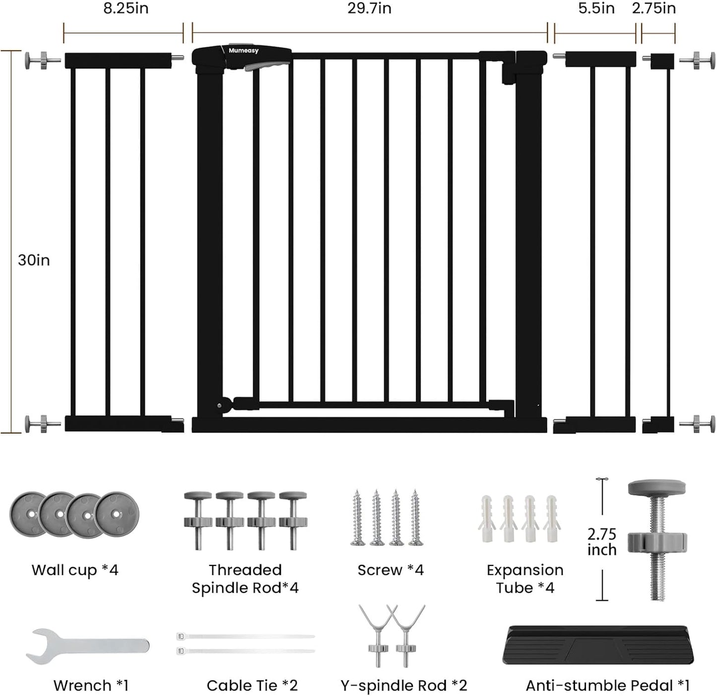 Mumeasy 36" High Extra Tall Dog Gate, 29.6"-40.5" Wide Pressure Mounted Tall Baby Gate for Dog, Auto Close Pet Gate with Door for Stairs,Doorways,House,Black
