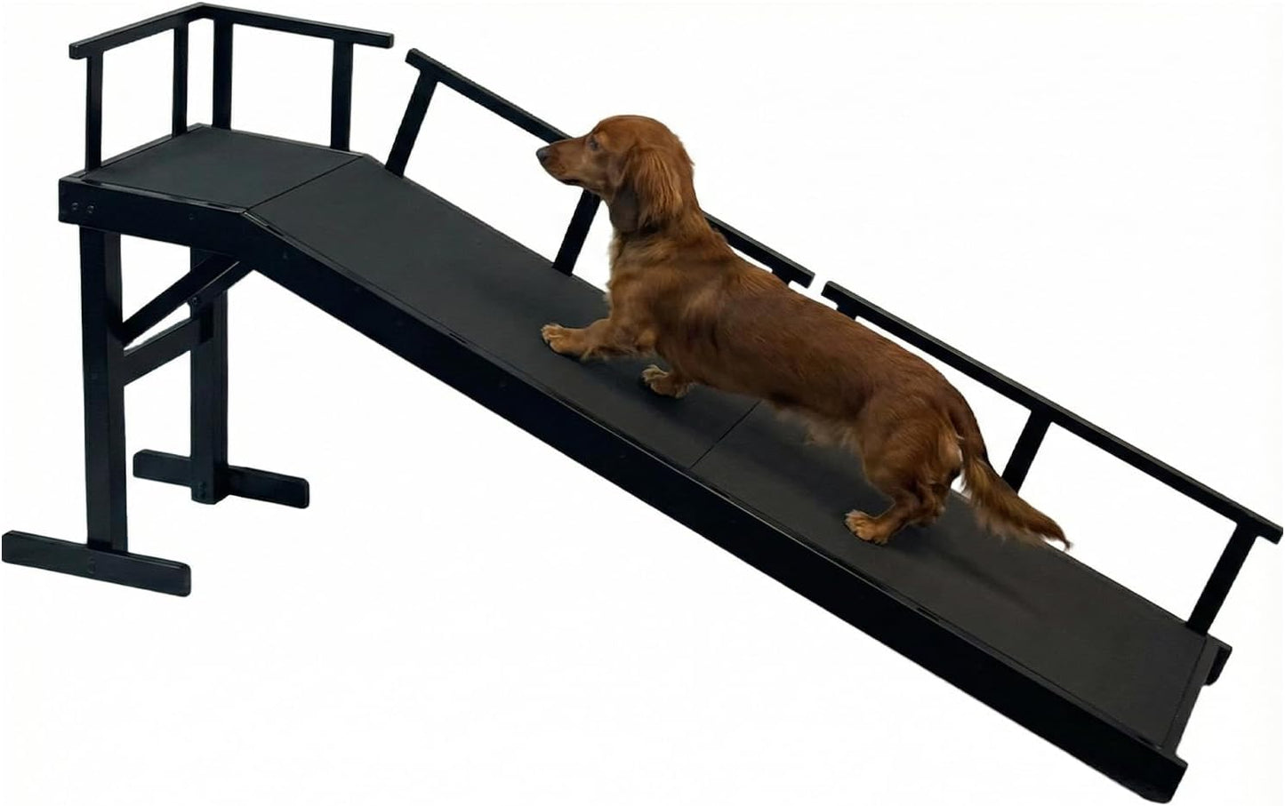 61" Dog Ramp for Bed with Rest Platform & Glow Strips, 20° Gentle Slope, EVA Non-Slip Surface, Removable Safety Rails, Birchwood Solid Wood, for Small, Large & Senior Dogs, Joint Protection, Black