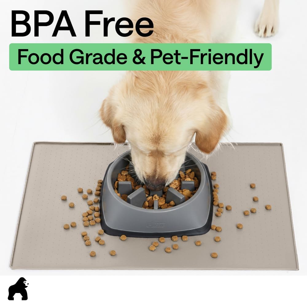GORILLA GRIP 100% Waterproof Raised Edge BPA Free Silicone Pet Feeding Mat, Dog Cat Food Mats Contain Spills Protects Floors, Placemats for Cats and Dogs Water Bowl, 18.5x11.5, Gray