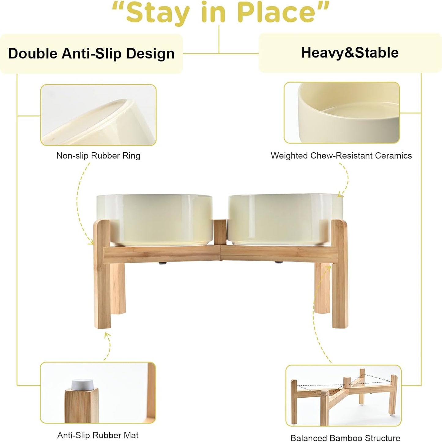 SPUNKYJUNKY Elevated Dog Bowls Ceramic, 6.1'' Dogs and Cat Food Water Bowls Raised with Non-Slip Bamboo Stand for Medium Sized Breed Microwave Dishwasher Safe - 28.7 OZ,Beige