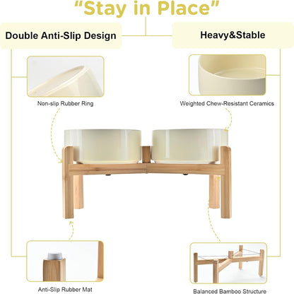 SPUNKYJUNKY Elevated Dog Bowls Ceramic, 6.1'' Dogs and Cat Food Water Bowls Raised with Non-Slip Bamboo Stand for Medium Sized Breed Microwave Dishwasher Safe - 28.7 OZ,Beige