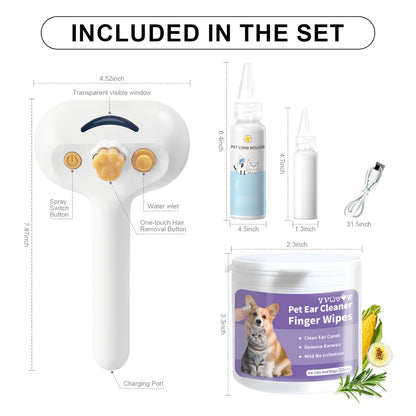 Pet Steam Brush for Dog & Cat – 3-in-1 Spray Hair Removal Comb for Shedding & Grooming, Softens Fur & Reduces Static – Water Brush for Long & Short Coats, Bath-Hating Pets, Includes Waterless Shampoo