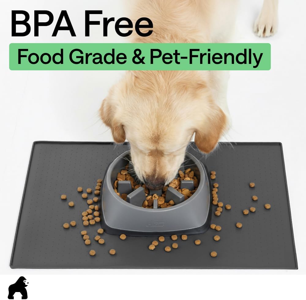 GORILLA GRIP 100% Waterproof Raised Edge BPA Free Silicone Pet Feeding Mat, Dog Cat Food Mats Contain Spills Protects Floors, Placemats for Cats and Dogs Water Bowl, 18.5x11.5, Gray