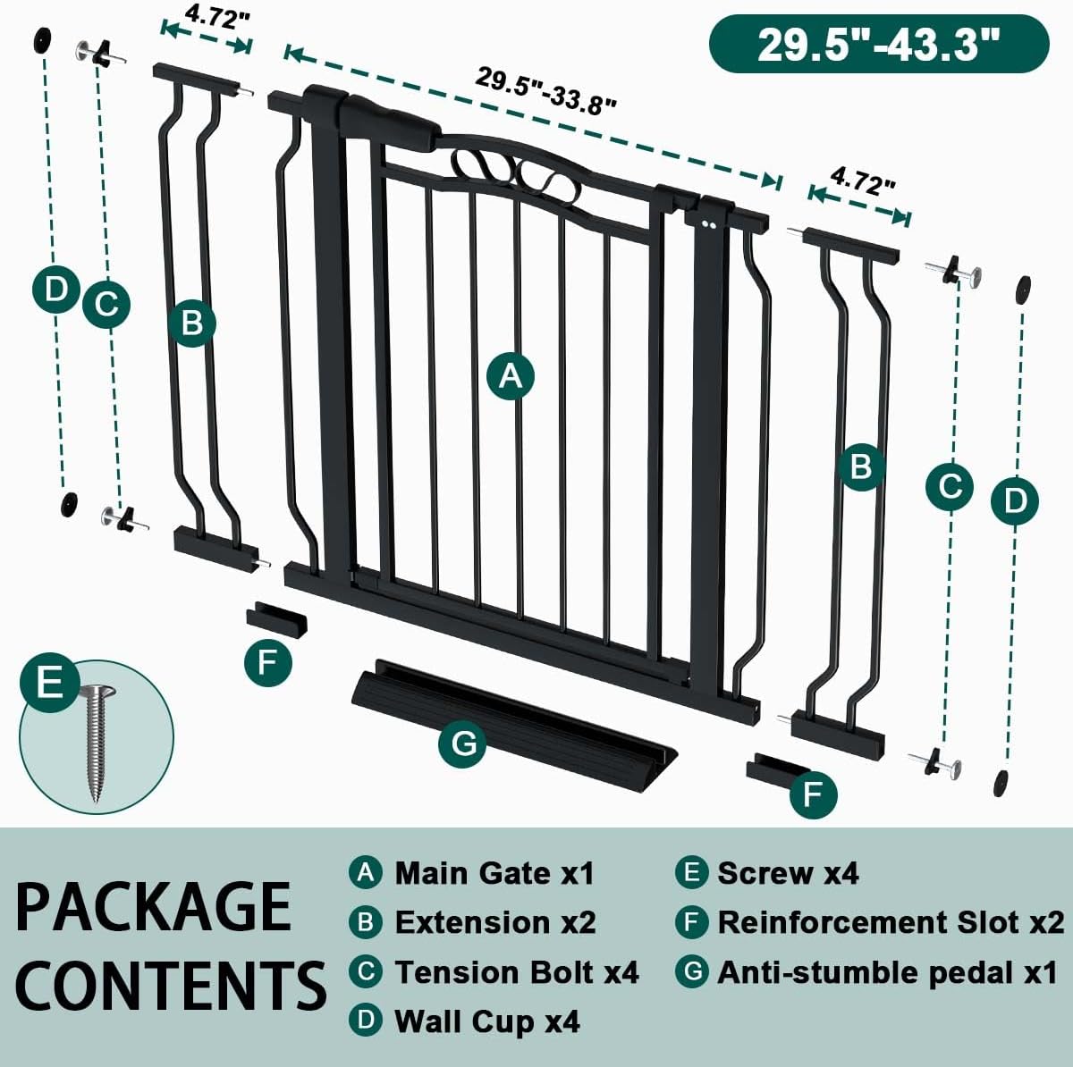 Fairy Baby 62.5"-71.6" Extra Wide Baby Gate Pressure Mount, Long Large Dog Gate Indoor Doorways Stairs, No Drill Safety Child Gate for Kids with Double Lock, Walk Thru Pet Gate for Puppy Doggy, Black