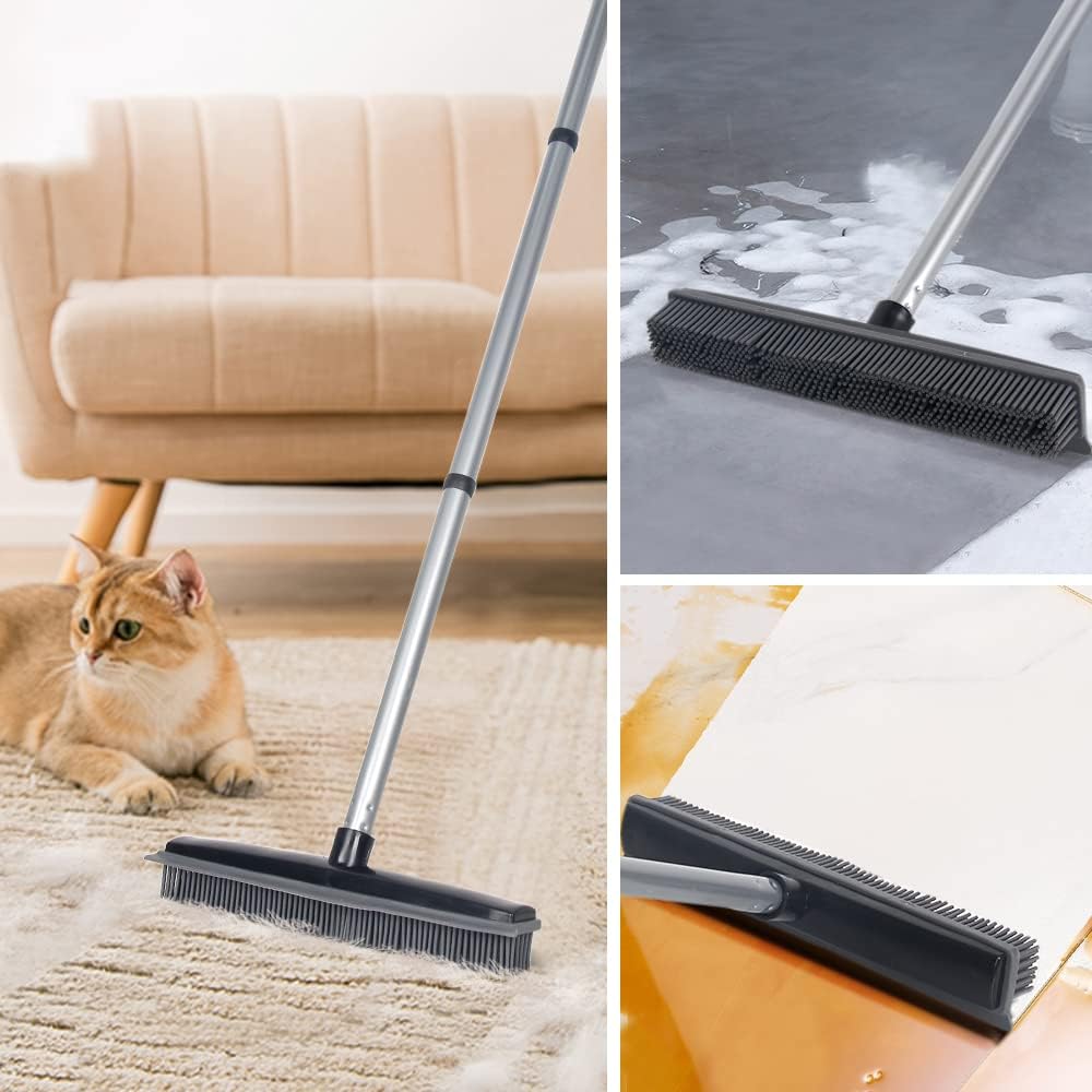 Rubber Broom and Pet Hair Removal Brush Set for Carpet, Fur Remover Broom with Squeegee for Wooden Floor, Detailing Lint Remover Brush for Pet Dog Cat Hair Car Interior