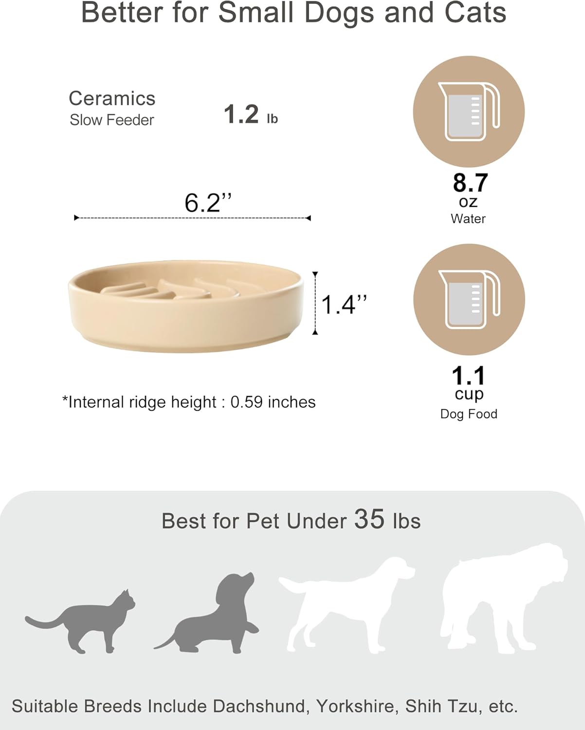 Ceramic Slow Feeder Dog Bowl, Maze Puzzle Non-Slip Silicone Base Stoneware Bowl for Small Medium Dogs, Heavy Duty Anti-Bloat Dog Food Bowl Dishwasher Safe – Apricot, Medium