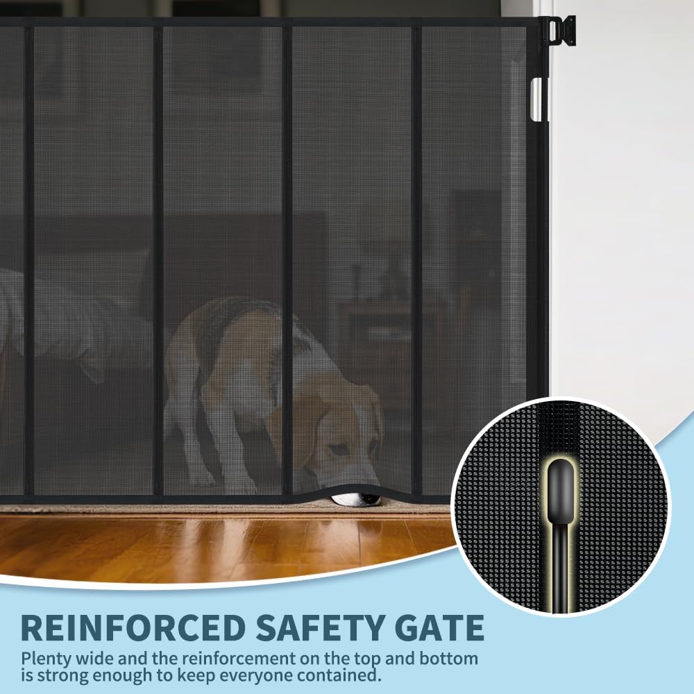 47” Extra Tall Retractable Baby Gate, Reinforced Mesh Dog Gate Extends to 71" Wide, Baby Gate for Stairs, Doorways, Hallways, Indoor and Outdoor, Black