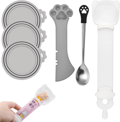 6 PCS Cat Food Can Covers Set, Reusable Silicone Can Lids with Opener, Stainless Steel Wet Food Spoon & Cat Treat Squeezer for Pet Feeding and Storage, Fits Cats & Dogs