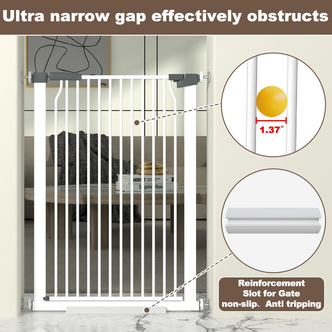 41" Extra Tall Cat Gate for Doorway, 49.2-54.7 Metal Pet Baby Safe Gate, Extra Wide Pressure Mounted Child Door with Expansion Kit, No Drilling No Climb Cat Fence Indoor, Tall Dog Gate, White