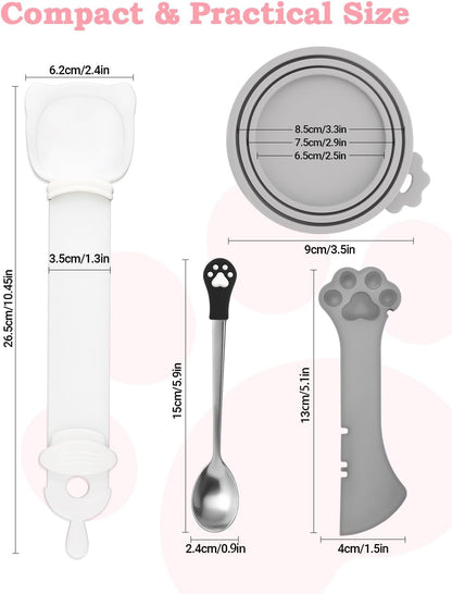 6 PCS Cat Food Can Covers Set, Reusable Silicone Can Lids with Opener, Stainless Steel Wet Food Spoon & Cat Treat Squeezer for Pet Feeding and Storage, Fits Cats & Dogs