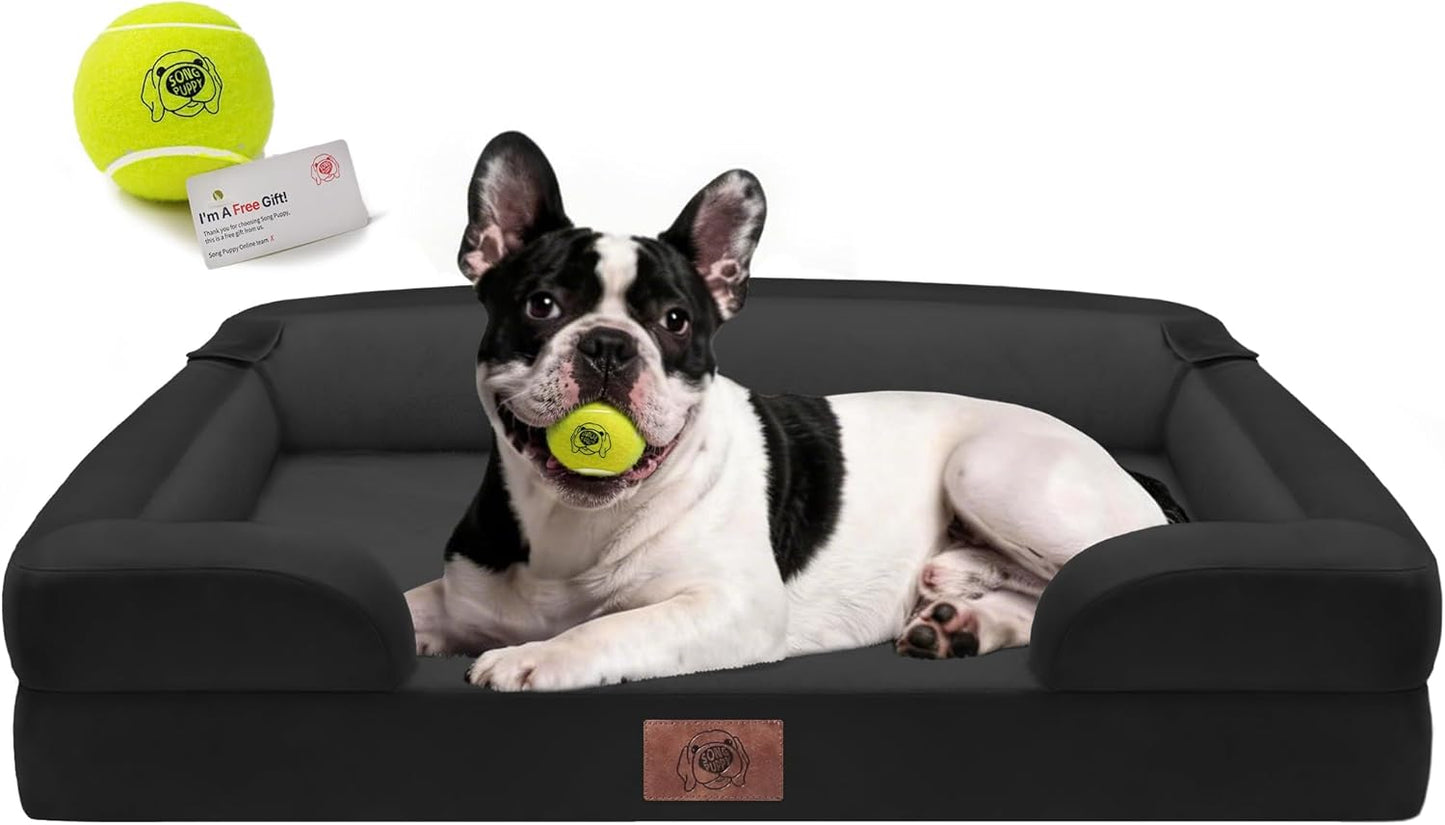 Extra Large Dog Bed, Orthopedic XL Washable Memory Foam Bed for Big Dogs Waterproof Pet Couch Sofa Bolster with Removable Cover, Non-Slip Bottom, Tennis Ball Toy, 42x30