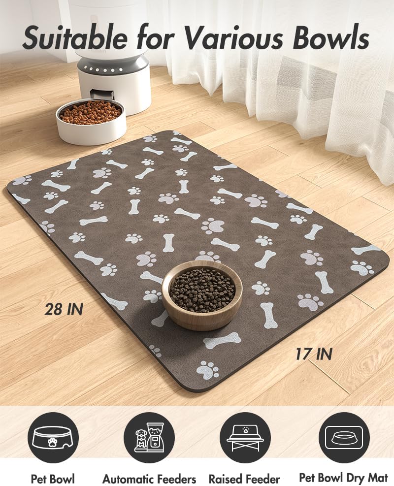 MontVoo Dog Food Mat-Pet Feeding Mat for Food and Water-No Stains Quick Dry Dispenser Cat Bowl Mat for Messy Drinkers(12"x19" Dark Grey)