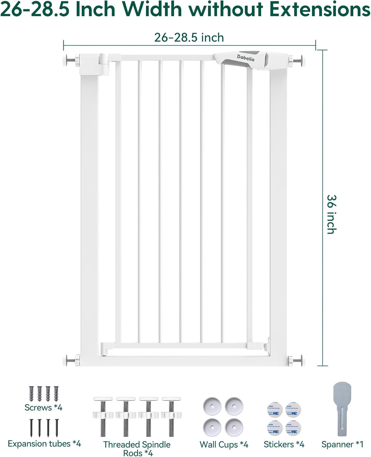 BABELIO 36" Tall Narrow Baby Gate, 26-28.5" Wide Auto-Close Metal Pet Gate for Small Stairs/Doorways/Hallways, Pressure/Hardware Mounted for Child and Pets, NO Extensions, White