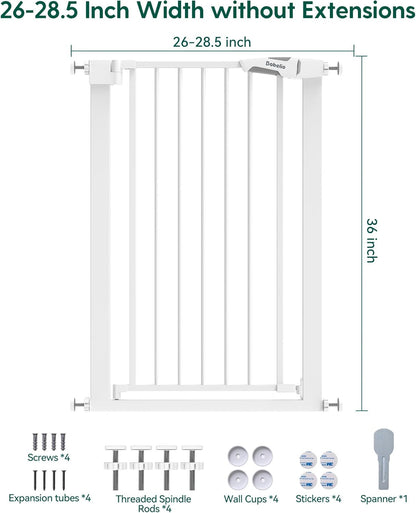 BABELIO 36" Tall Narrow Baby Gate, 26-28.5" Wide Auto-Close Metal Pet Gate for Small Stairs/Doorways/Hallways, Pressure/Hardware Mounted for Child and Pets, NO Extensions, White