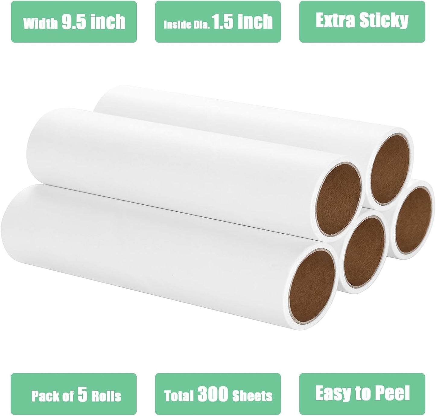 7.5 inch Lint Roller Refills Only, Pet Hair Remover Refills for Clothes Carpet Floor Couch, Extra Sticky Lint Brush Roller Refills, Pack of 5 Rolls, Total 300 Sheets (7.5'' Wide)