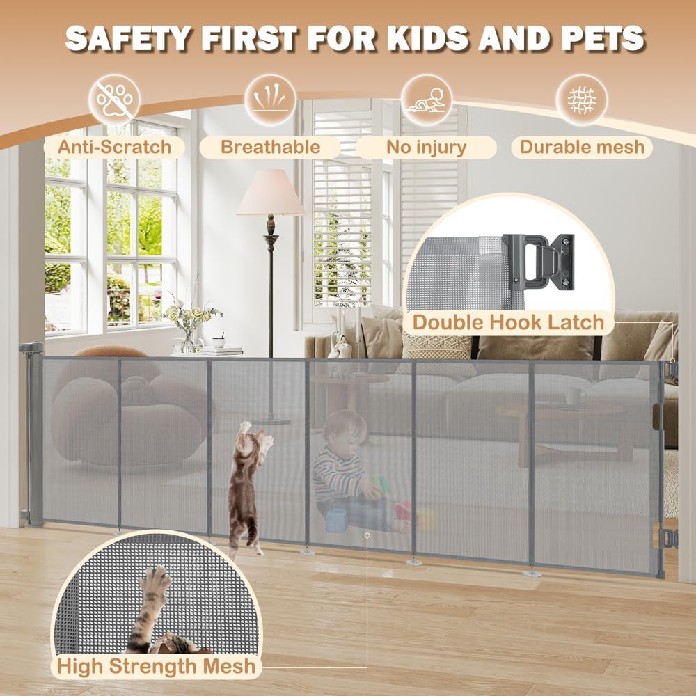 SMONTER Extra Wide Retractable Dog Gates, Mesh Baby Gate with Support Rods Extend to 118" Wide 33" Tall, Portable Safety Retractable Gate for Stairs, Indoor/Outdoor, Black