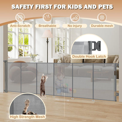 SMONTER Extra Wide Retractable Dog Gates, Mesh Baby Gate with Support Rods Extend to 118" Wide 33" Tall, Portable Safety Retractable Gate for Stairs, Indoor/Outdoor, Black